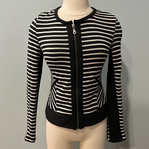 Drew Black & Ivory Striped Zip-Front Cardigan Sweater Size Small - Picture 2 of 10
